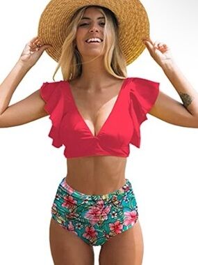 Ruffle-Sleeve V-Neck Red Bikini Top - Women Swim